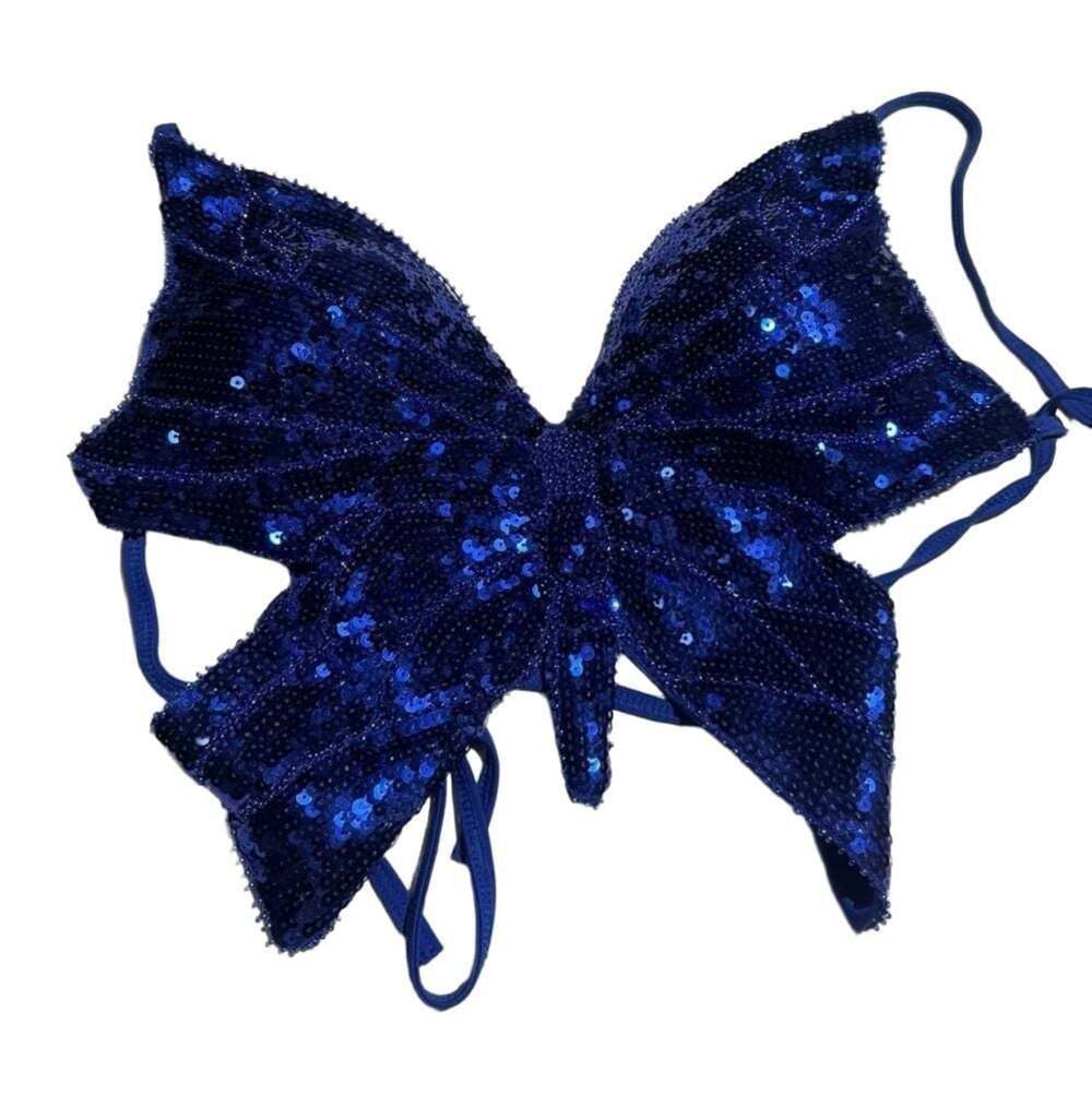 Vintage Y2K Royal Blue Sequin Butterfly Halter Crop Top Festival Ravewear